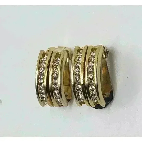 Vintage Hanae Mori Chanter Paris Clip Gold Rhinestone Earrings - Picture 5 of 11